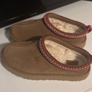 UGG Tan Slippers with Red Trim